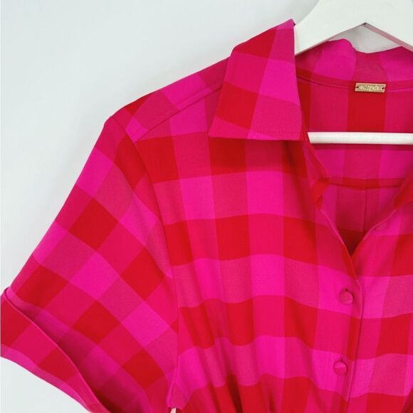 CULT GAIA Keegan Cutout Checked Twill Midi Shirt Dress In Ghermez Rose S - Picture 9 of 11